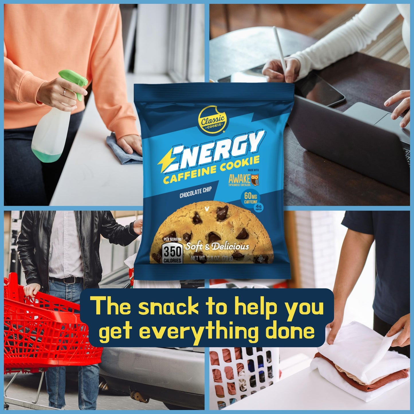 Classic COOKIE Energy Caffeine Cookie, Chocolate Chip, 60mg Caffeine, 2.8oz, Brown, Single Serve, 8 Cookies