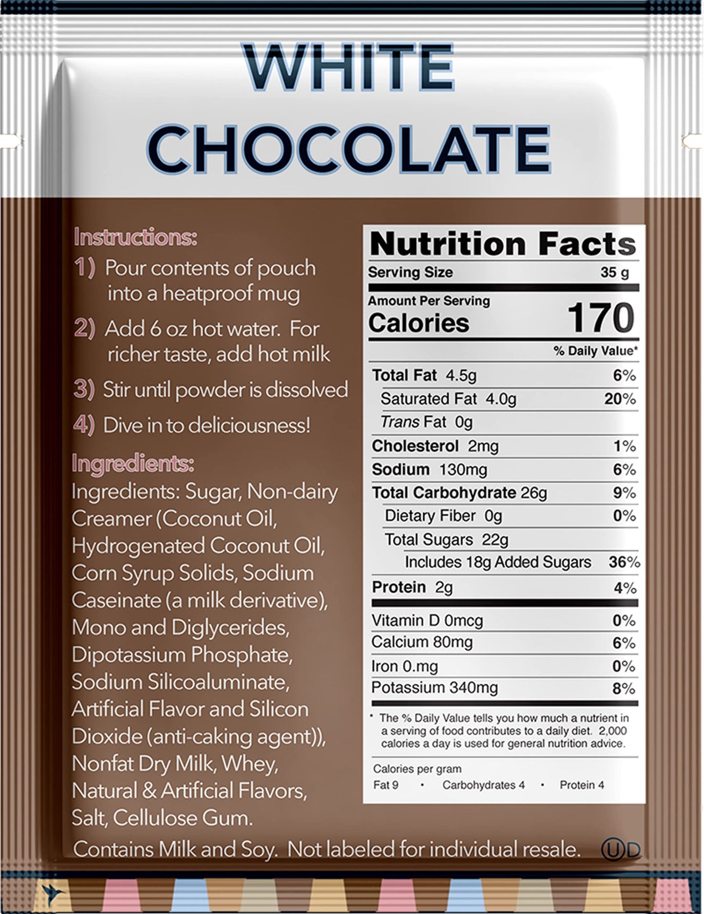 Double Donut White Hot Chocolate Mix Packets, 18 Count, Flavored Cocoa Mix, White