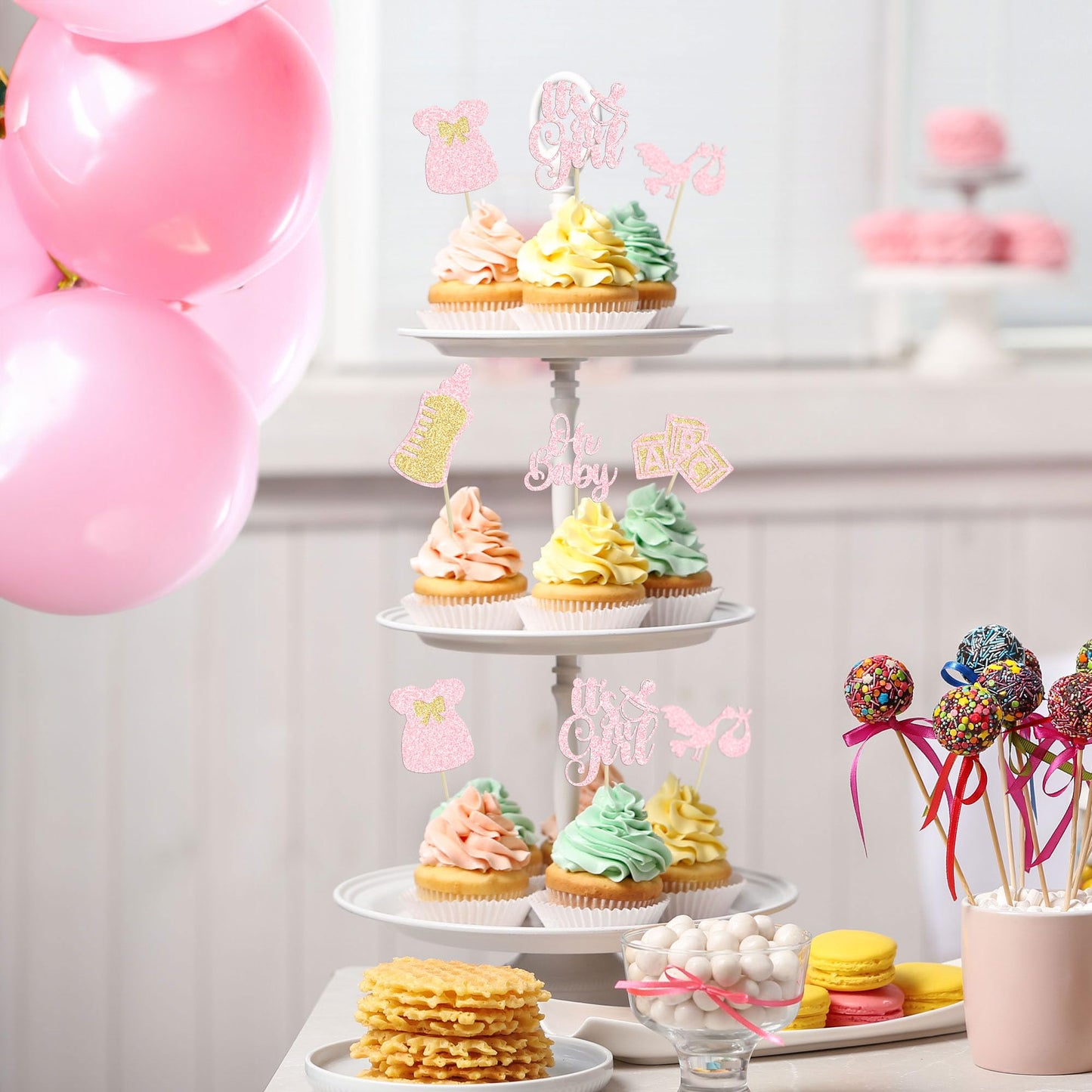 Gyufise 24Pcs Baby Shower Cake Topper, Light Pink, Baby Girl Themed Cupcake Picks For Gender Reveal, Birthday Party Supplies
