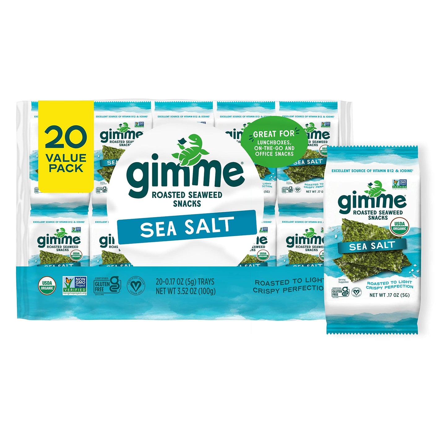 gimMe Organic Roasted Seaweed Sheets, Sea Salt, Keto, Vegan, Gluten Free, 0.17 Ounce (Pack of 20)