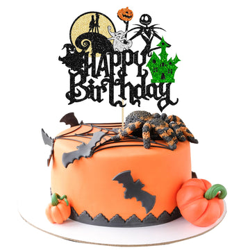 Gyufise 1Pcs Halloween Happy Birthday Cake Topper Glitter Jack And Sally Pumpkin Bat Castle Ghost Halloween Cake Pick For Hallow