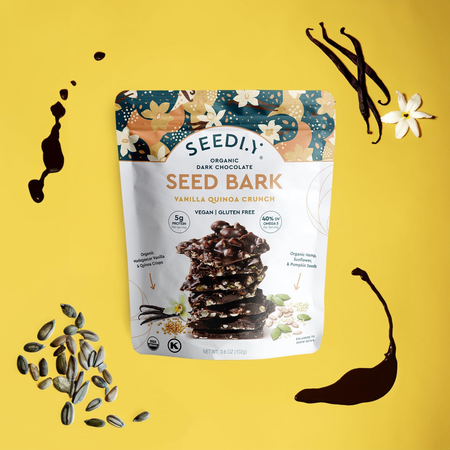 SEEDLY Organic Dark Chocolate Snacking Bark, Vanilla Quinoa Crunch, 20g Protein, Keto, Vegan, 3.6oz (Pack of 3)