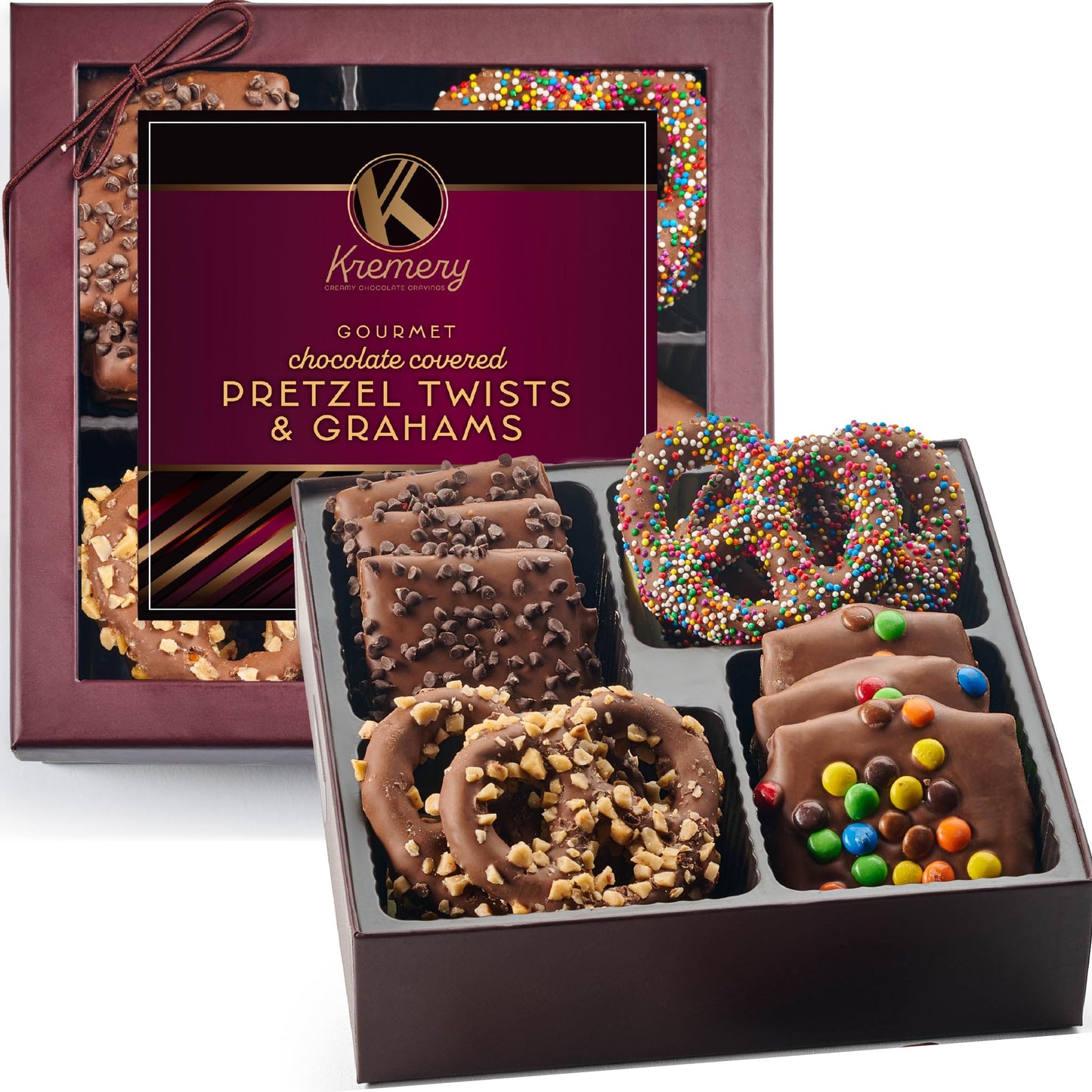 KREMERY Creamy Chocolate Cravings - Holiday Xmas Christmas Chocolate Covered Pretzel Twists & Grahams Cookies Gift Basket  in Brown Gift Box (12 Count  Assorted Sweet Toppings)