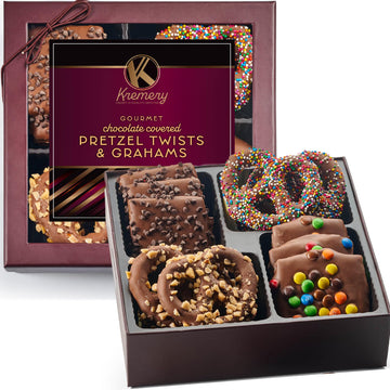 KREMERY Creamy Chocolate Cravings - Holiday Xmas Christmas Chocolate Covered Pretzel Twists & Grahams Cookies Gift Basket  in Brown Gift Box (12 Count  Assorted Sweet Toppings)