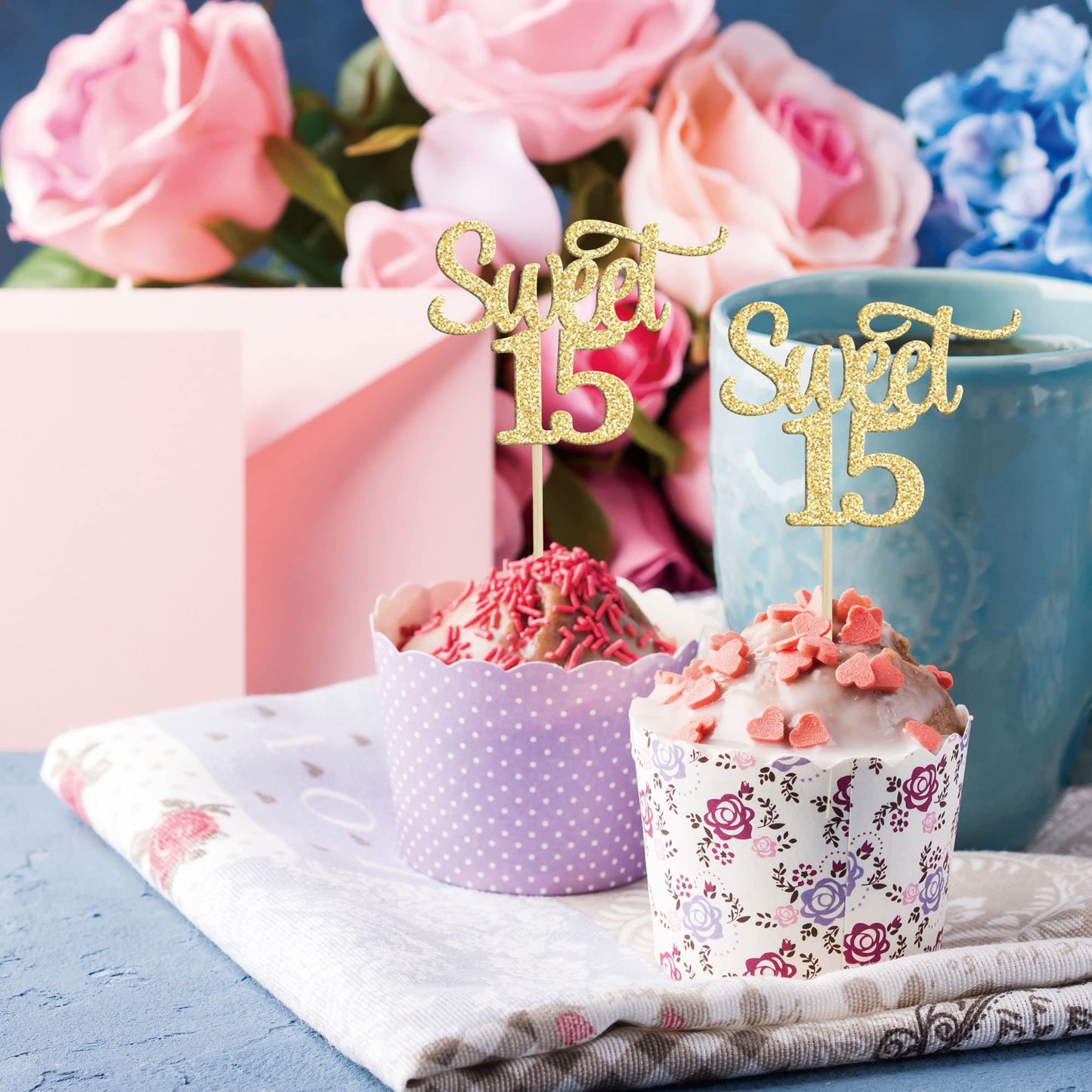 Gyufise 24Pcs Sweet 15 Cupcake Toppers Gold Glitter Number 15 Fifteen Cake Picks Decorations For 15Th Birthday Anniversary Party