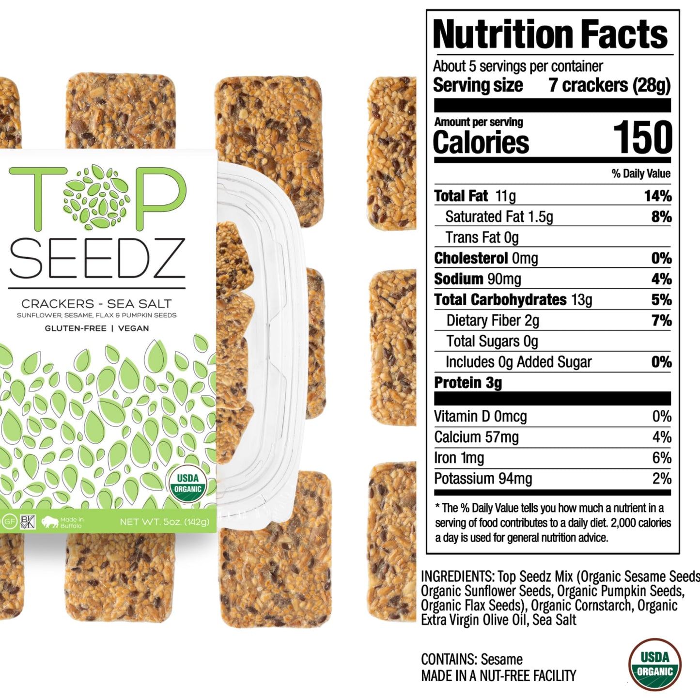 Top Seedz Organic Gluten Free Sea Salt & Rosemary  ers, 5 oz, 6-Pack, Healthy Vegan Snack with 6 Seeds