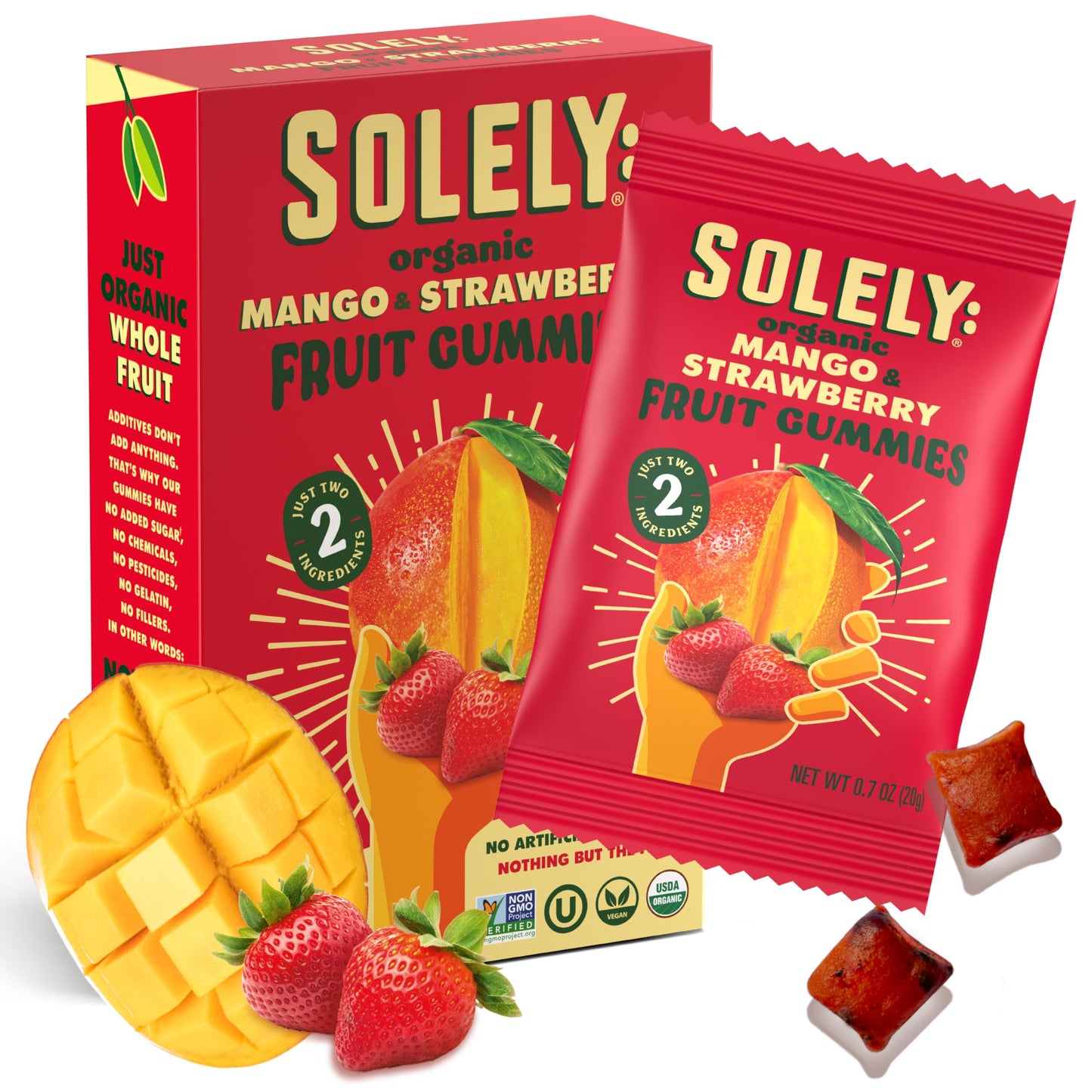 SOLELY - Organic Mango & Strawberry Whole Fruit Gummies (Pack of 1 Box, 5 Bags per Box) - Real Fresh Fruit - Healthy Snacks for 