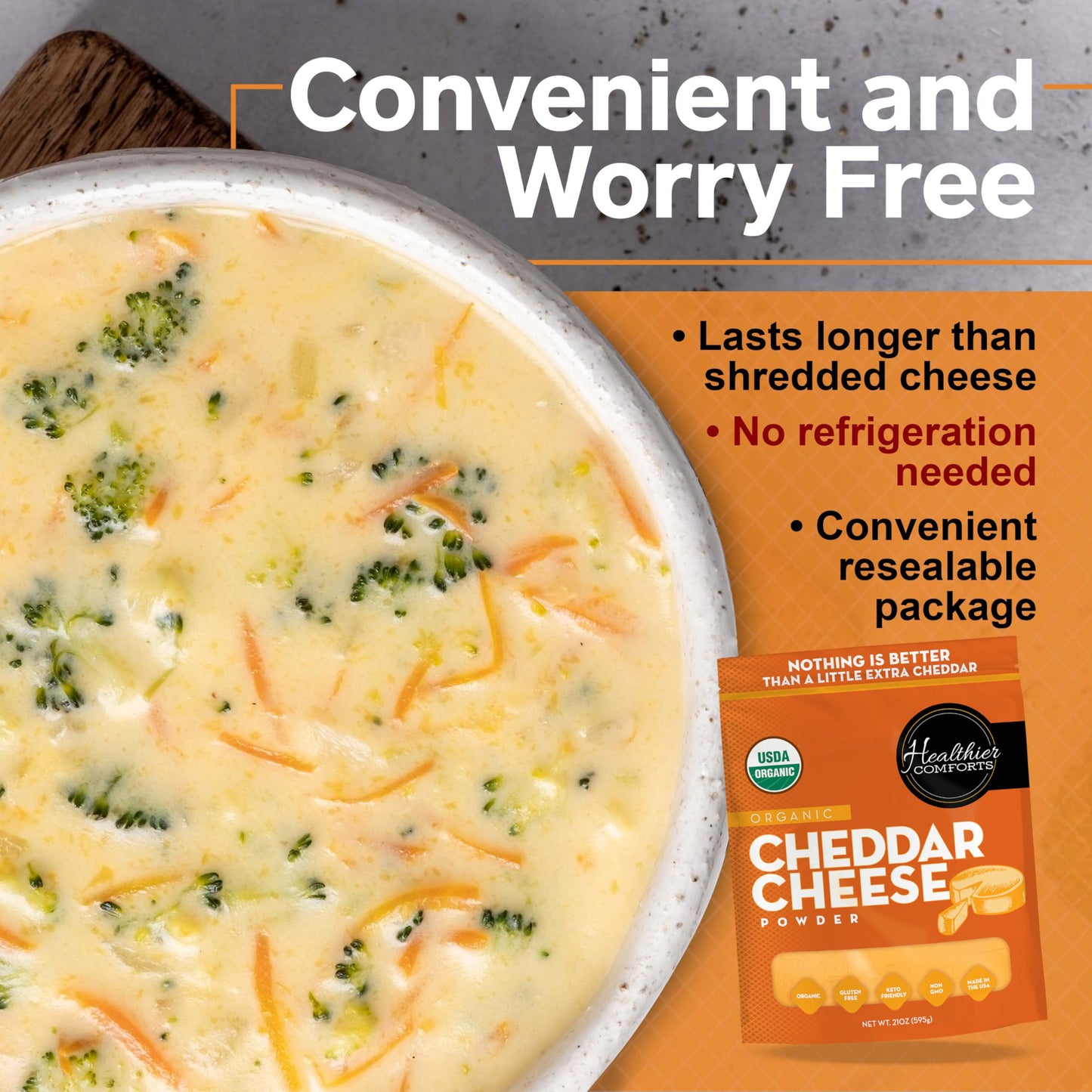 Healthier Comforts Organic Cheddar Cheese Powder | Gluten Free  Keto-Friendly  Non-GMO   &   Free | Perfect for Popcorn Seasoning  Mac and Cheese  Pasta & Sauces (21 oz)