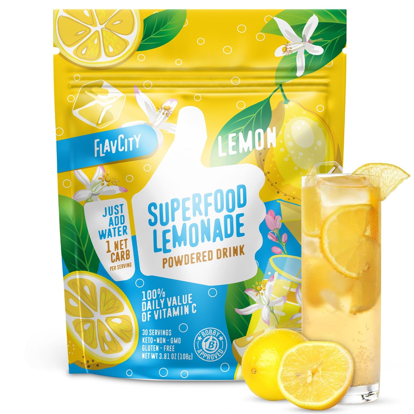 FlavCity Superfood Lemonade Drink Mix - Sugar-Free Lemonade Powder with Real Crystallized Lemon & Organic Acerola - 100% DV Vitamin C - Keto  Gluten-Free  Non-GMO (30 Servings)
