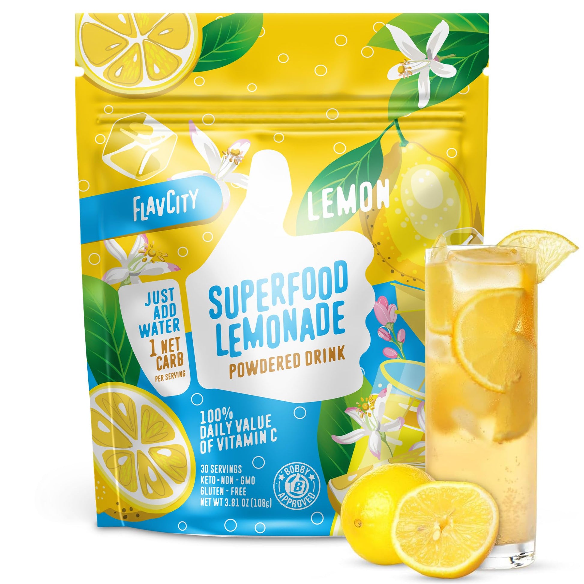 FlavCity Superfood Lemonade Drink Mix - Sugar-Free Lemonade Powder with Real Crystallized Lemon & Organic Acerola - 100% DV Vitamin C - Keto  Gluten-Free  Non-GMO (30 Servings)