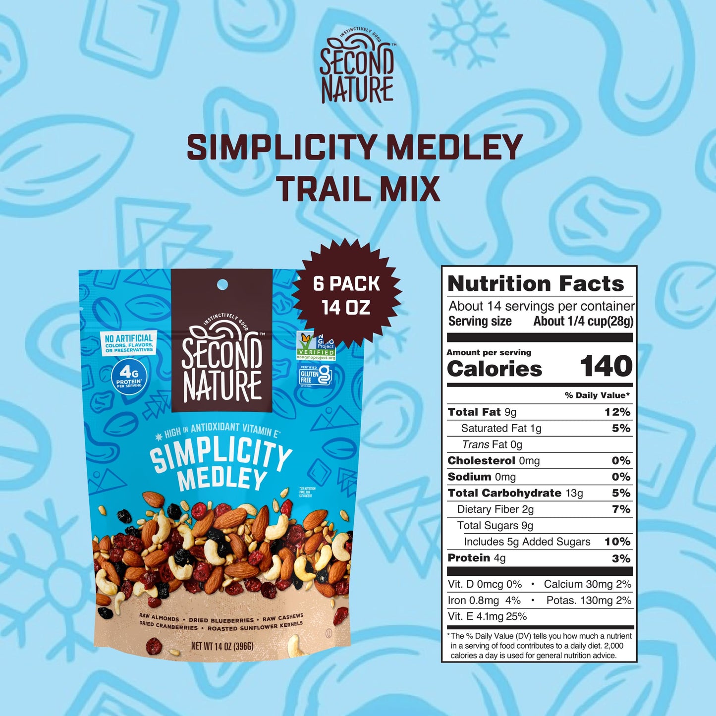 Second Nature Simplicity Medley Trail Mix - 14 Oz Resealable Snack Pouches (Pack Of 6), Certified Gluten-Free Snack - Dried Frui