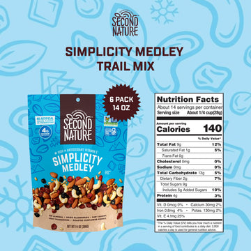 Second Nature Simplicity Medley Trail Mix - 14 Oz Resealable Snack Pouches (Pack Of 6), Certified Gluten-Free Snack - Dried Frui