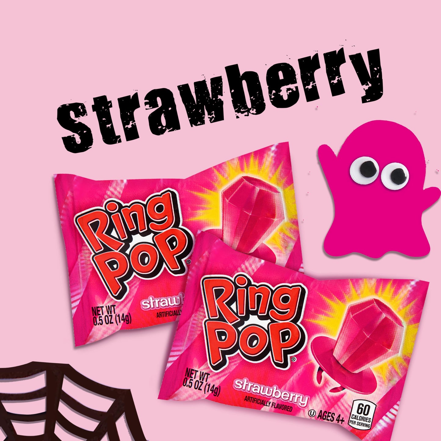 Ring Pop Individually Wrapped Pink Halloween Candy, Strawberry 30 Ct Lollipop Bulk, Lollipop Suckers for Kids, Fun Candy Bulk fo