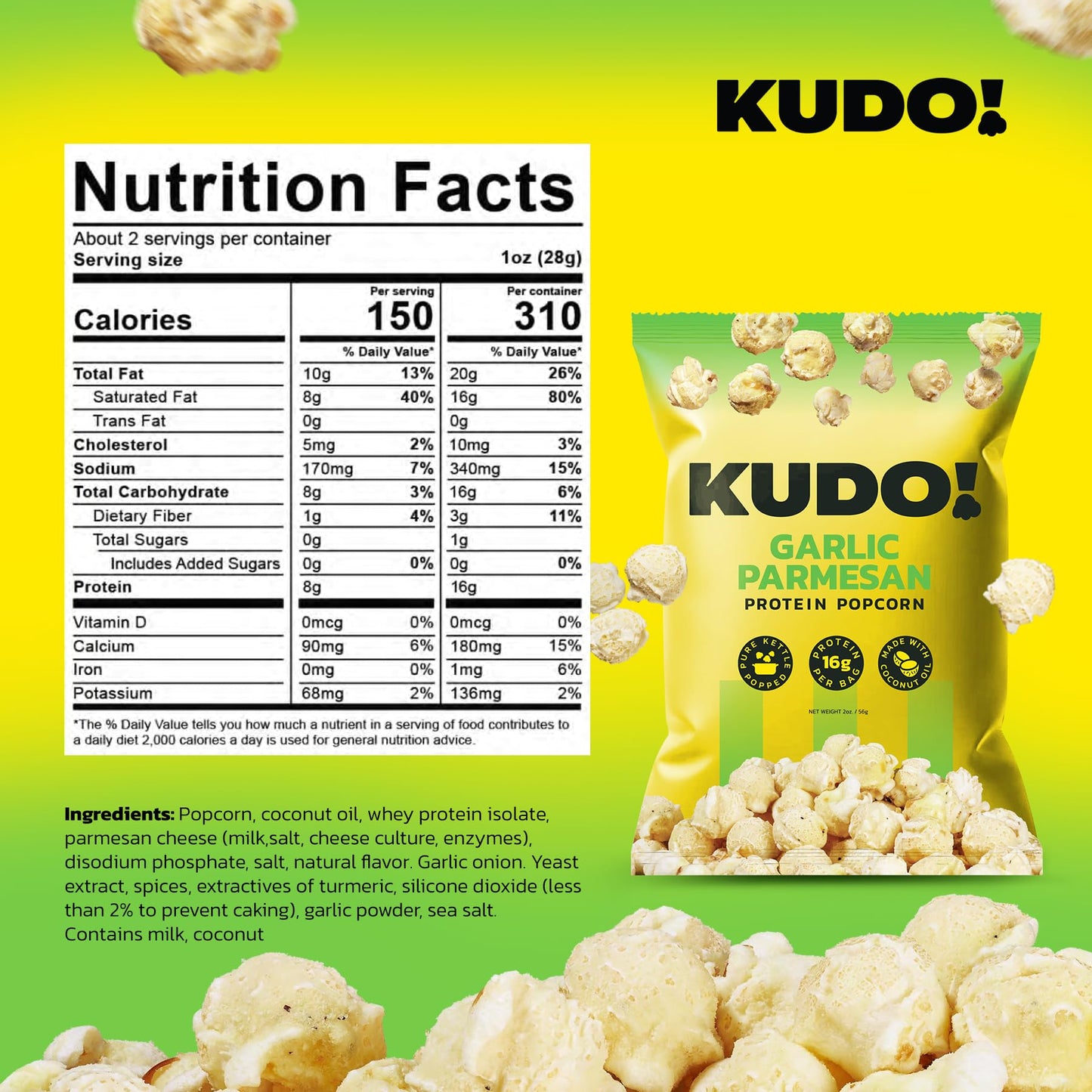 Kudo - Garlic Parmesan Kettle-Popped Protein Popcorn - Whole Grain, No Preservatives, No Artificial Flavors, Zero Trans Fat, Tas