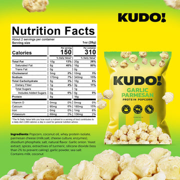 Kudo - Garlic Parmesan Kettle-Popped Protein Popcorn - Whole Grain, No Preservatives, No Artificial Flavors, Zero Trans Fat, Tas