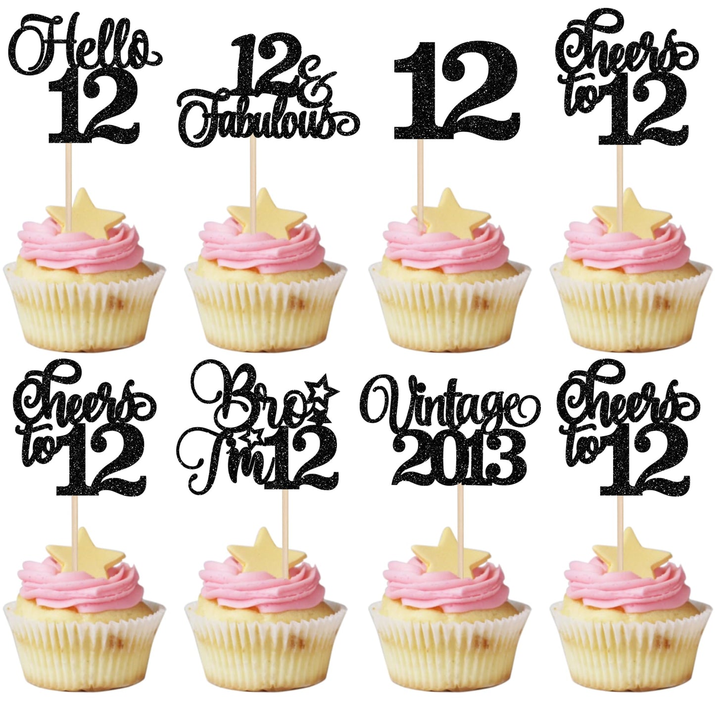 Rsstarxi Cupcake Toppers - 24 Pack Vintage Glitter Picks for 12th Birthday, Wedding, Anniversary - Black
