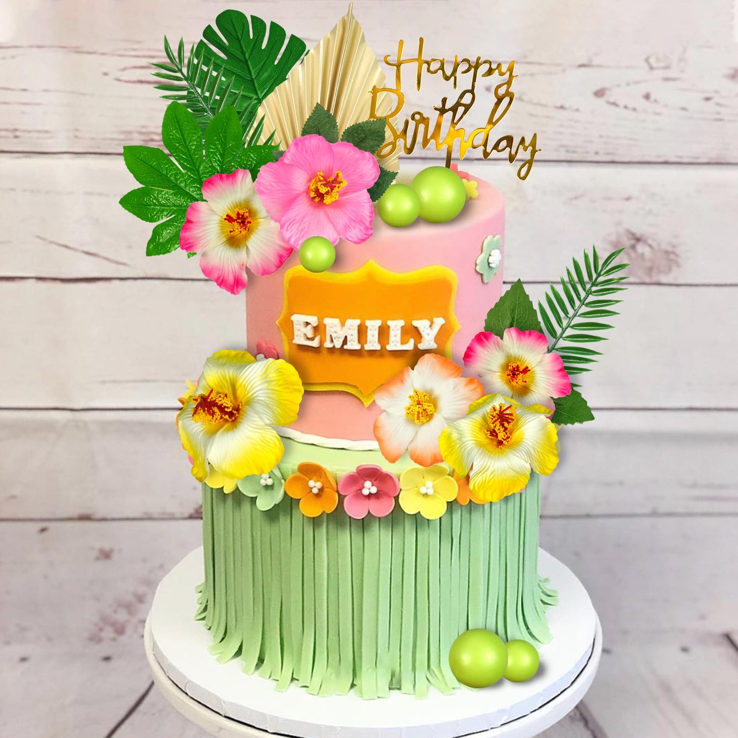 25 Pcs Flower Cake Topper Hawaiian Cake Decorations With Palm Leaves Hibiscus Flowers Balls For Hawaii Aloha Jungle Summer Theme