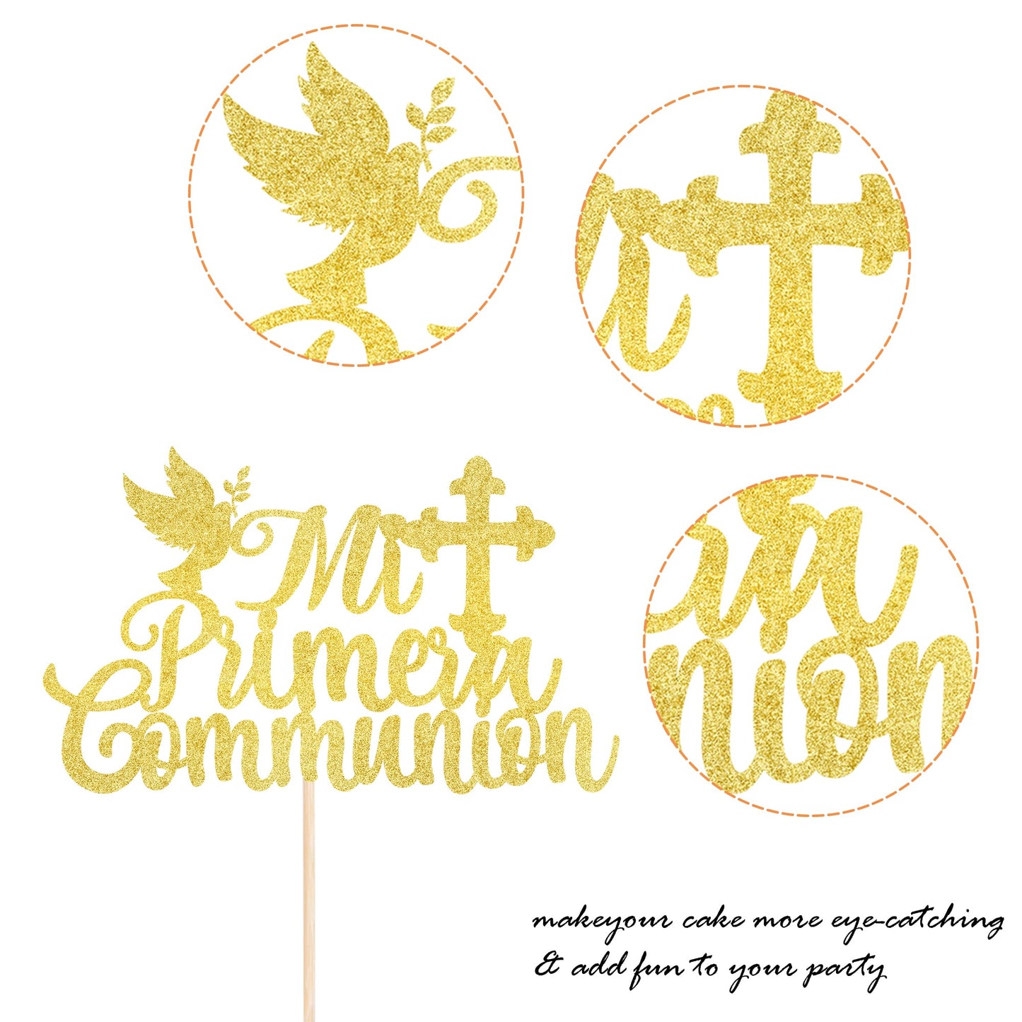 YCTHUNFISH Cake Topper Glitter First Holy Communion Decorations, Gold, Bamboo, 1 Pack