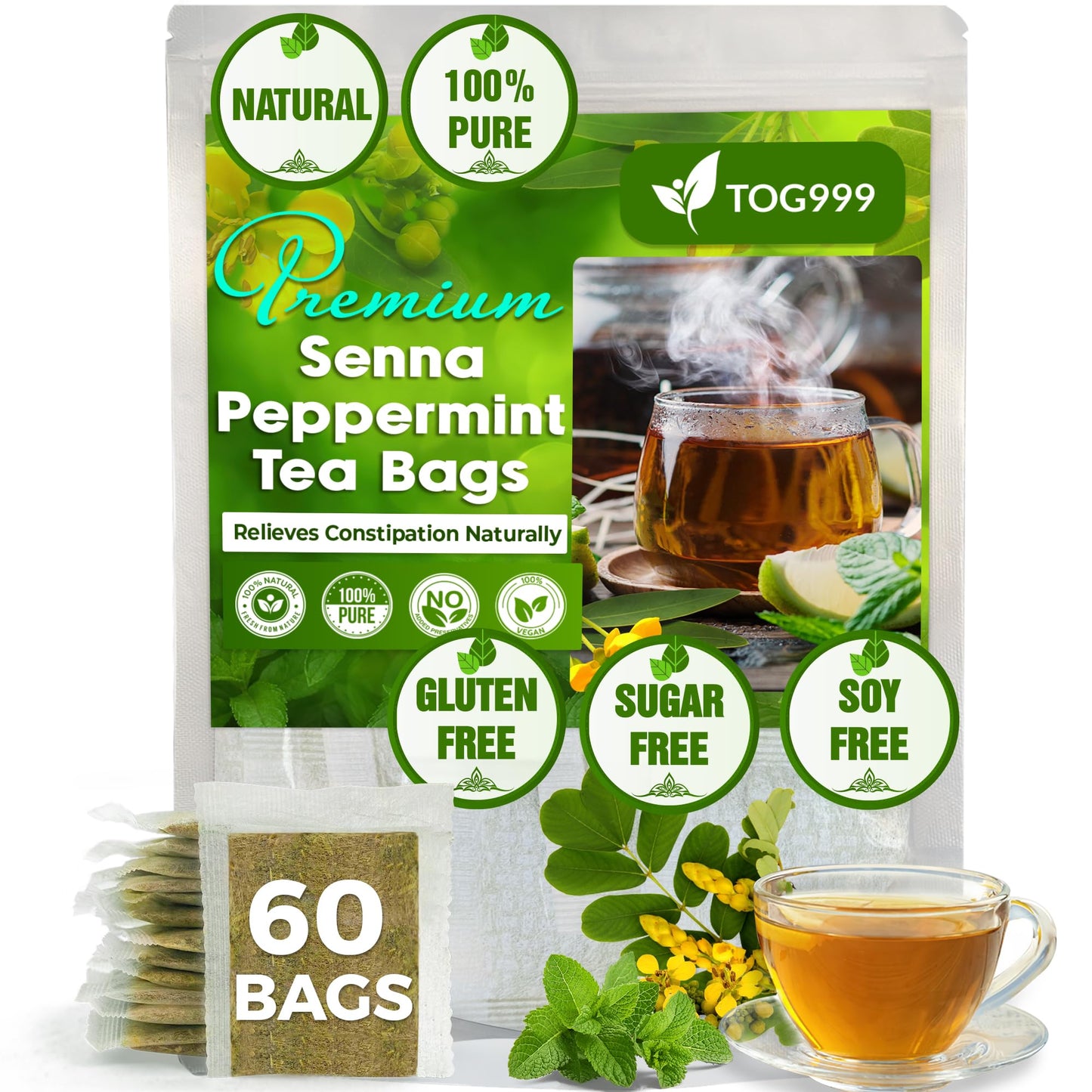 TOG999 Herbal Tea Bags - Natural Blend of Senna, Peppermint, Licorice, Fennel - 60 Bags, Vegan, No Sugar, No Caffeine, No Gluten