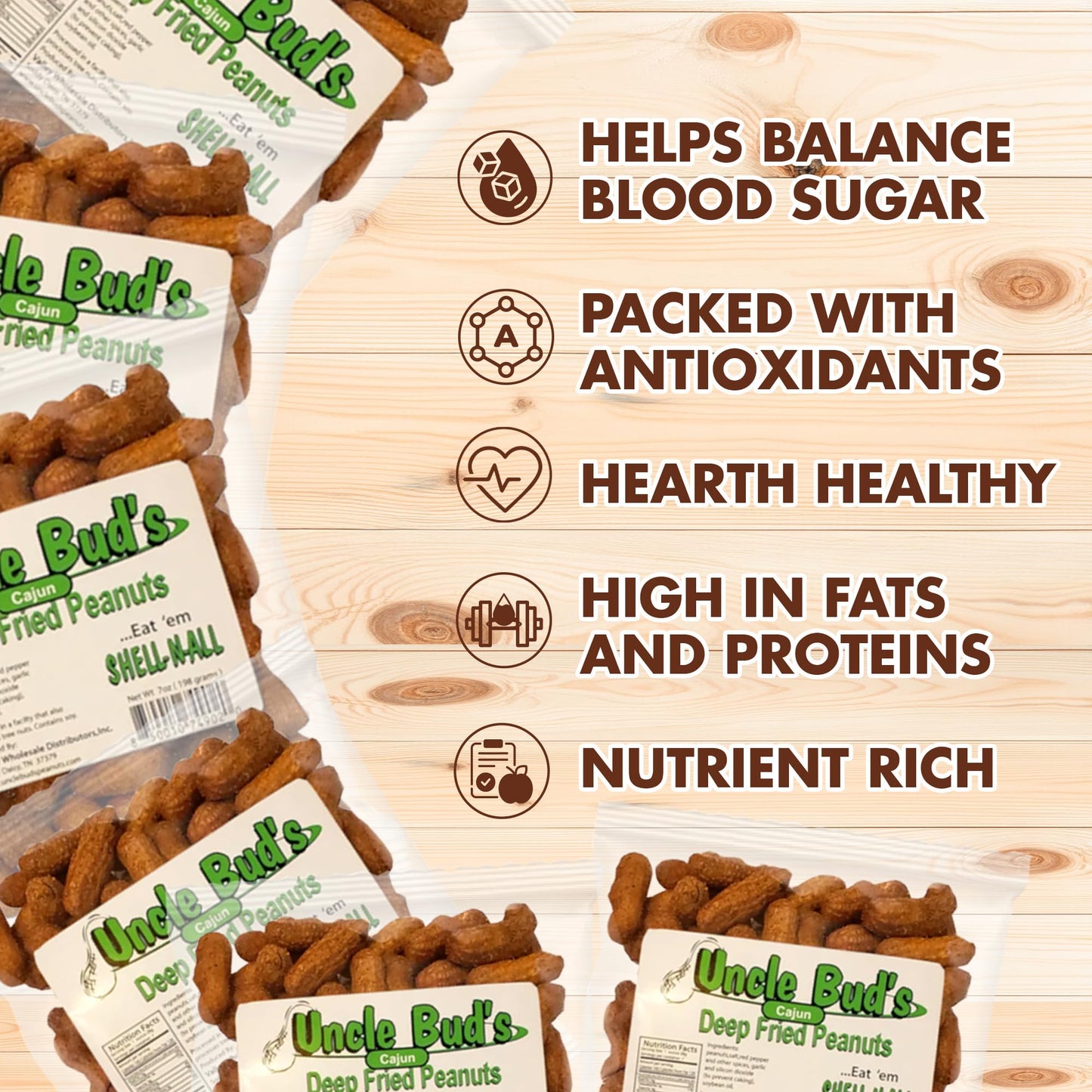 Jerky-n-Spice Uncle Buds Deep Fried Peanuts - Spicy Cajun Flavor, 6-Pack, 7 inches, Crunchy Hot Peanut Snacks