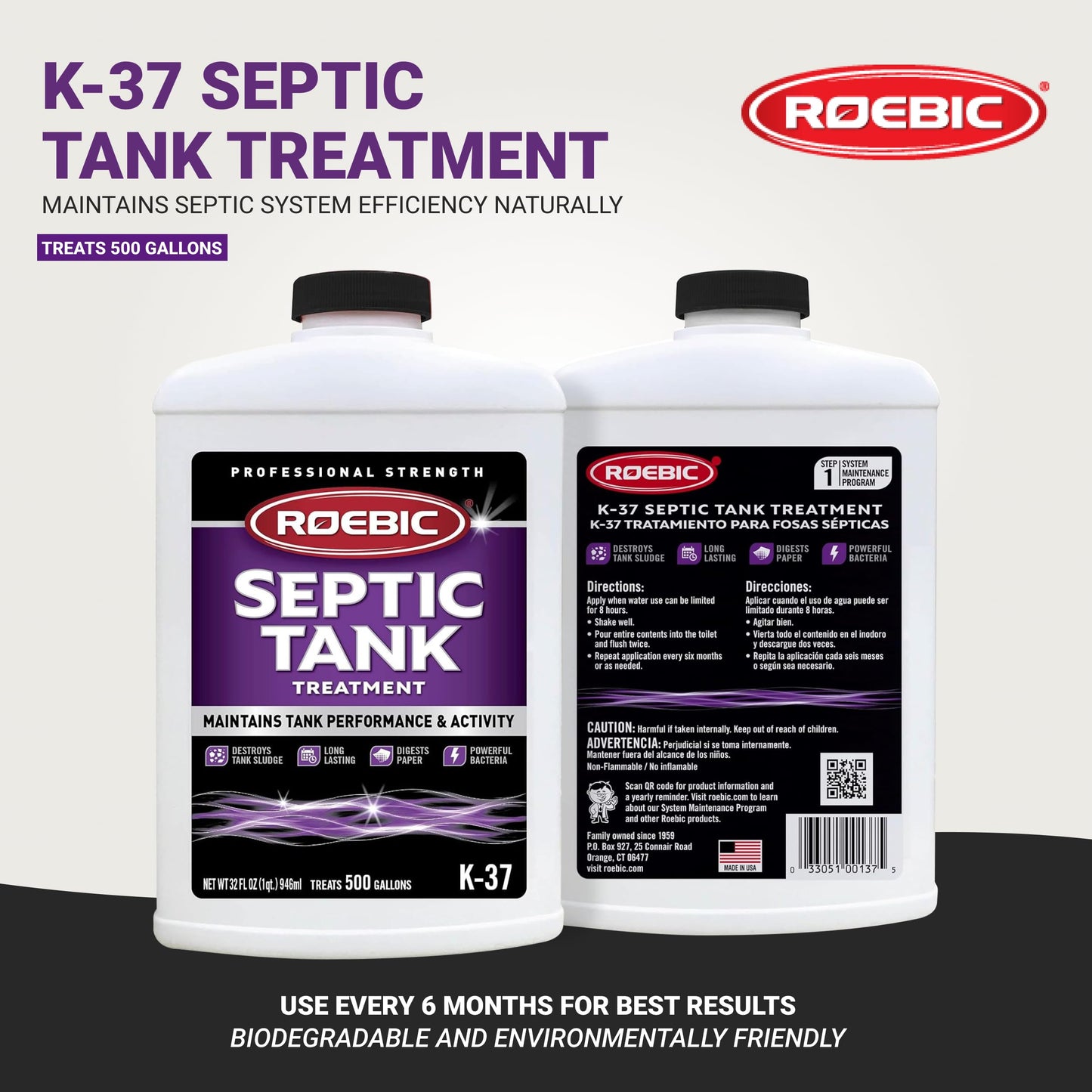Roebic K-37-Q Septic Tank Treatment Removes Clogs, Environmentally Friendly Bacteria Enzymes Safe For Toilets, Works For 1 Year,