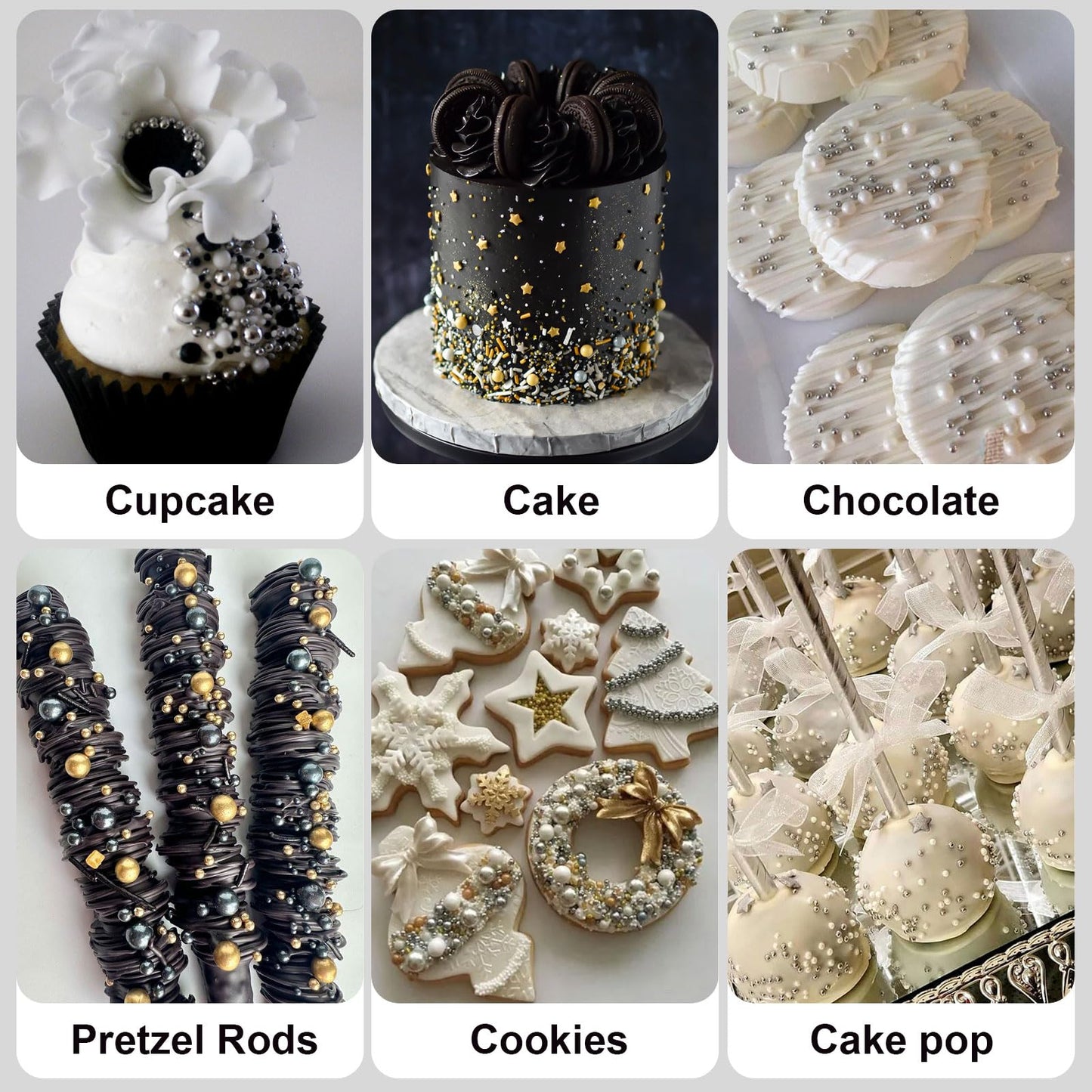 HUEBEATY 6-in-1 Edible Cake Pearl Sprinkles - Black Gold Silver White Sprinkles for Cake Decorating, Cupcakes, Cookies & Ice Cre