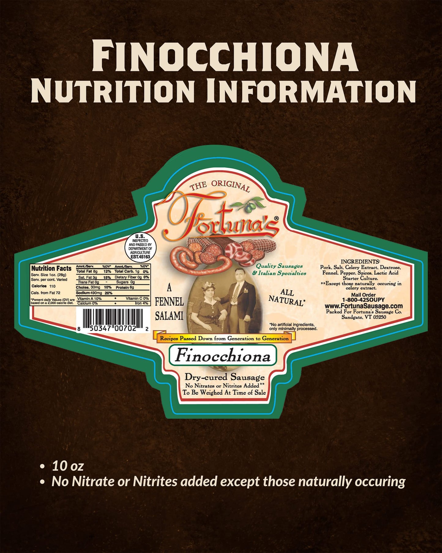 Fortunas Finocchiona Dry Salami - Nitrate-Free, Gluten-Free, 10oz (Pack of 2) - Ideal for Keto Diets, Perfect for Snacking or Cooking