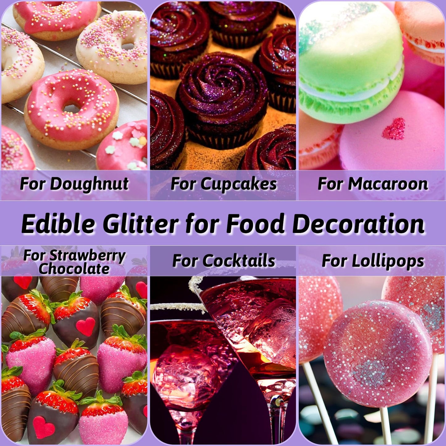 SigWong Edible Glitter Set, 3 Colors Luster Dust, Food Grade Metallic Sprinkles, 5g - Black, Purple, Gold