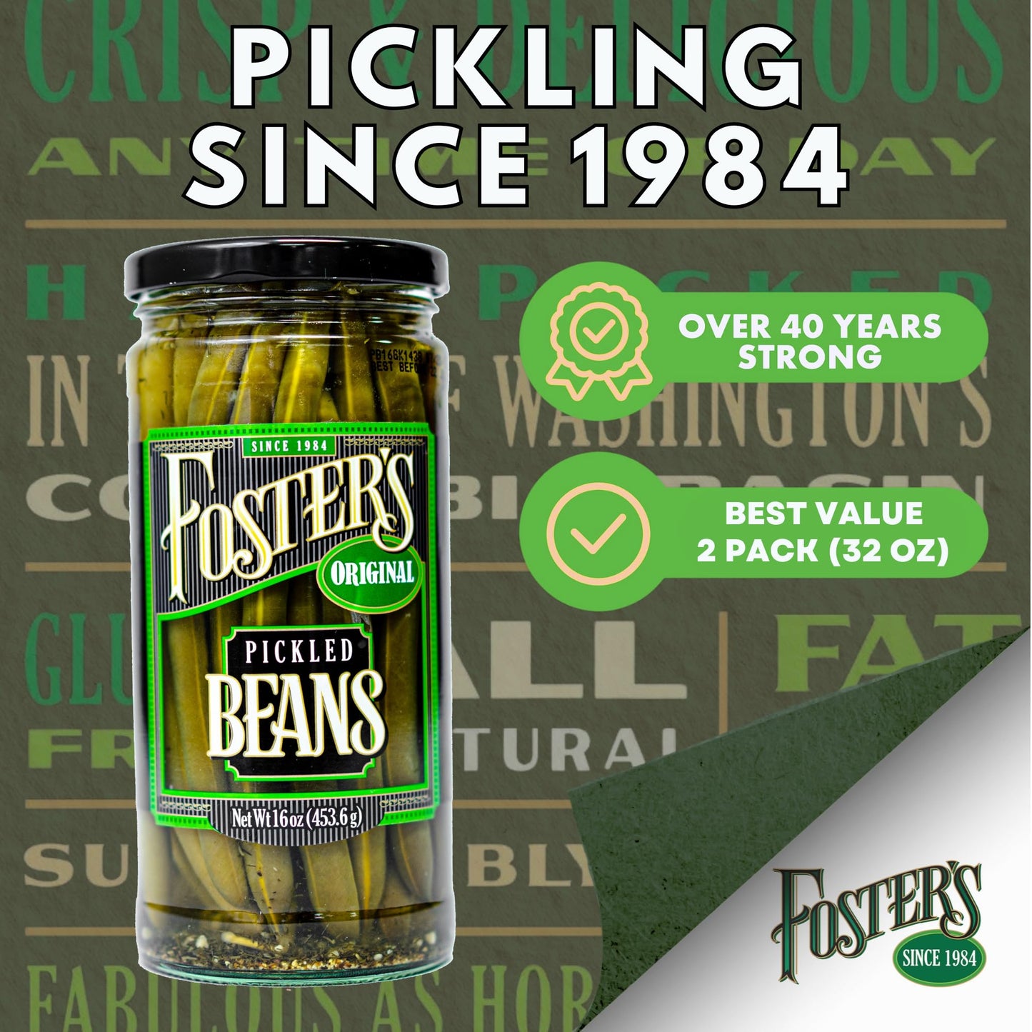 Fosters Pickled Green Beans in a Jar, Original, 16oz, 2 Pack, Traditional Pickled Vegetables Recipe for over 40 years, Low Calo