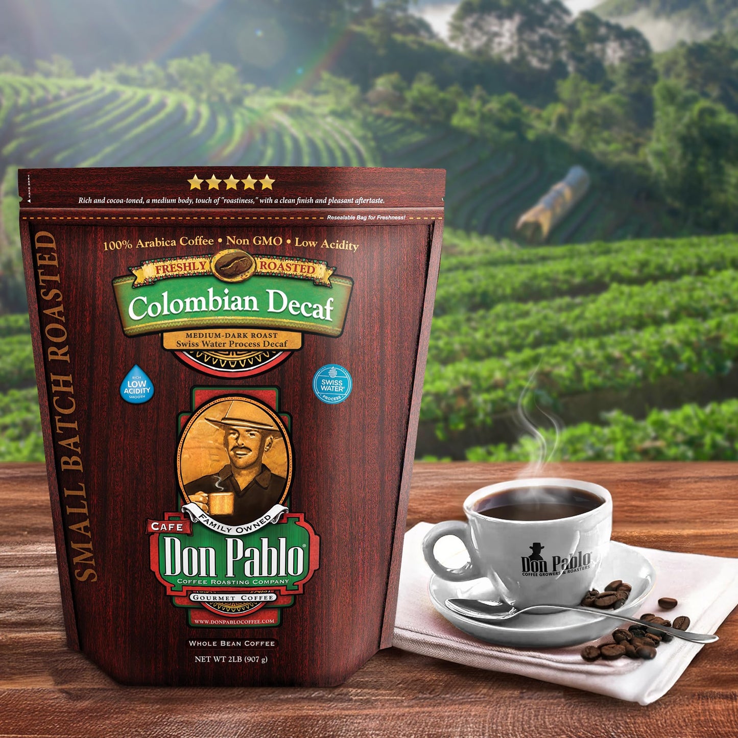 2LB Don Pablo Colombian Decaf - Swiss Water Process Decaffeinated - Medium-Dark Roast - Whole Bean Coffee - Low Acidity - 2 Pound (2 lb) Bag