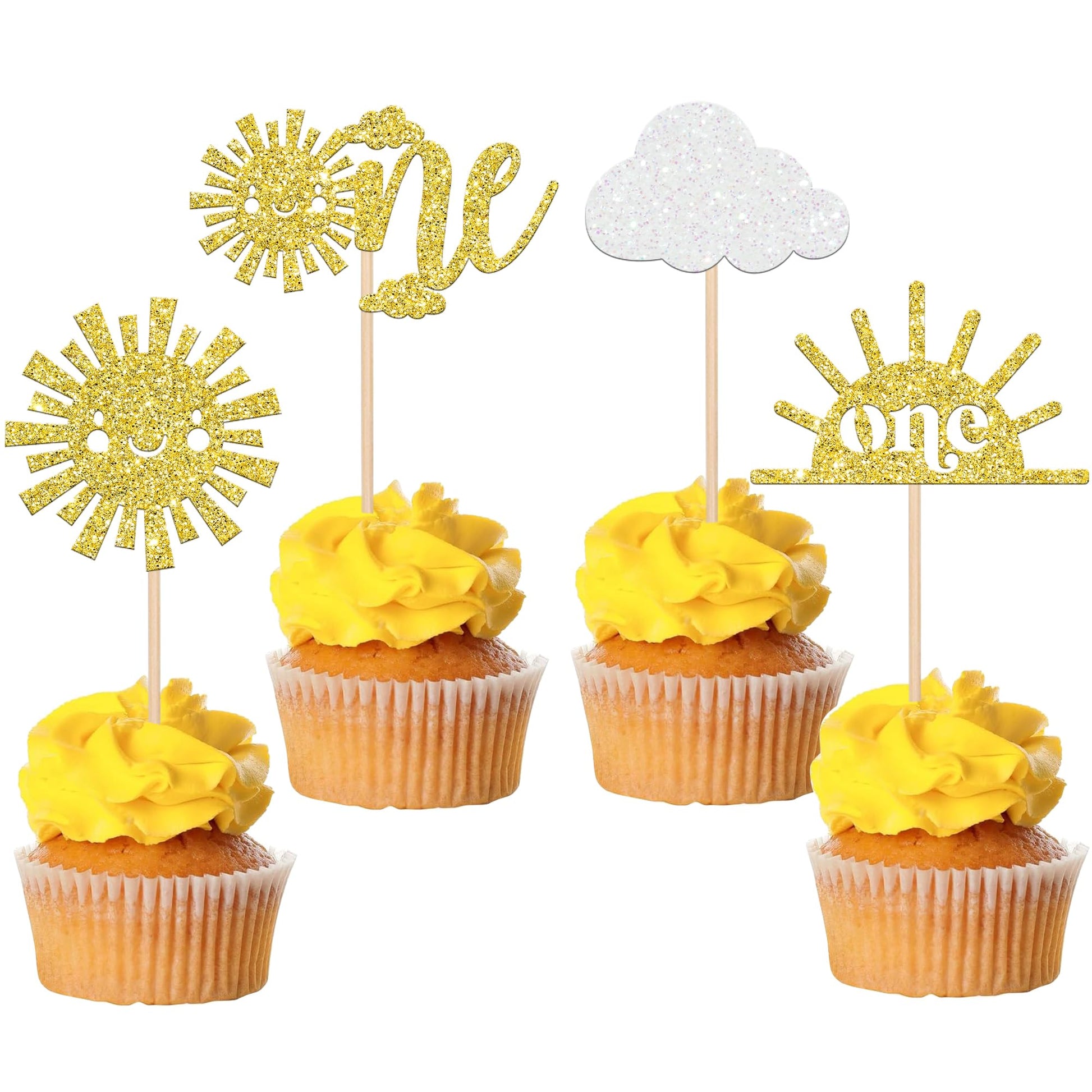 24 Pcs Sunshine One Cupcake Toppers Gold Glitter Sun Simle Face Cloud You Are My Sunshine First Birthday Cupcake Picks Baby Show
