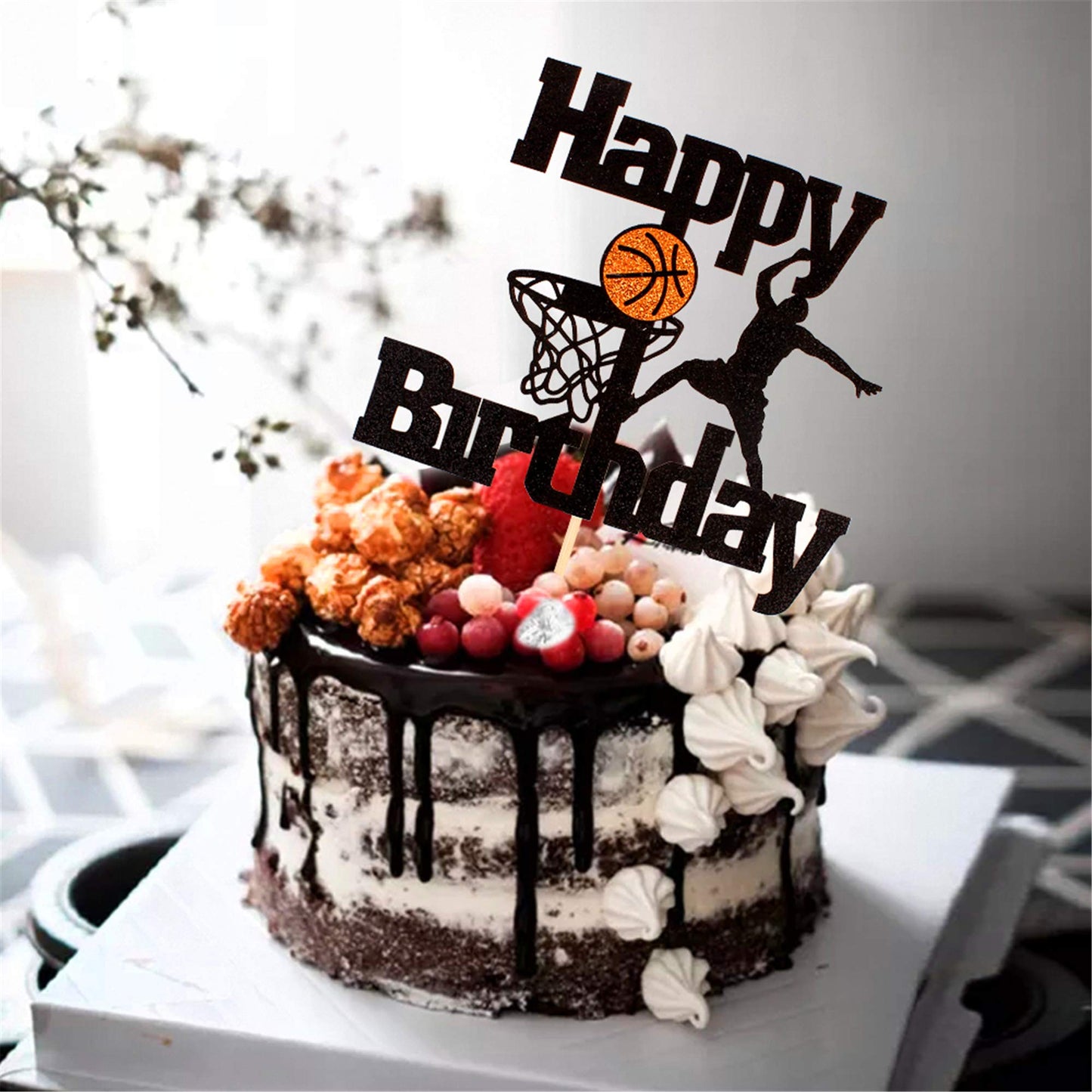 Cyodoos Basketball Happy Birthday Cake Topper Basketball Scene Themed Cake Fruit Picks For Man Boys Father Birthday Event Party