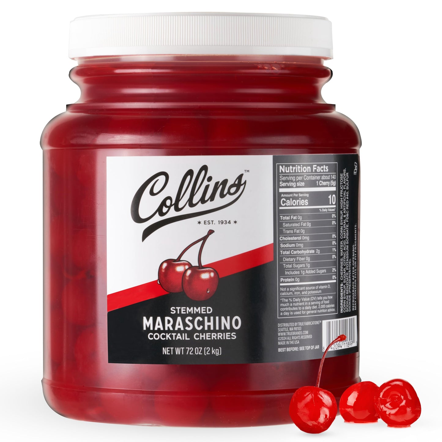 Collins Maraschino-Flavored Cherries Bulk Garnish 72 oz Set of 1 Red