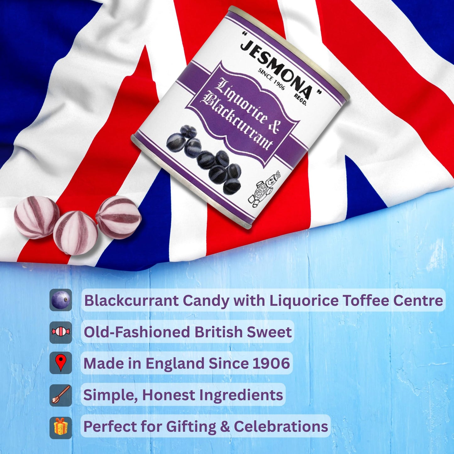 Jesmona Licorice & Blackcurrant Candy | British Hard Boiled Sweets Tin | Traditional Candy From England | Imported From Uk | Classic Gift For Scottish Food Lovers | 8.82 Oz (250G)