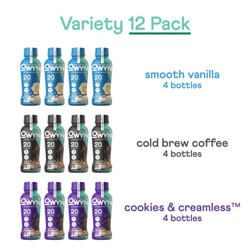 OWYN Protein Shake Variety Pack, Vanilla, Cold Brew Coffee, Cookies and Creamless Flavored Protein Shakes, 20g Protein, 4g Sugar