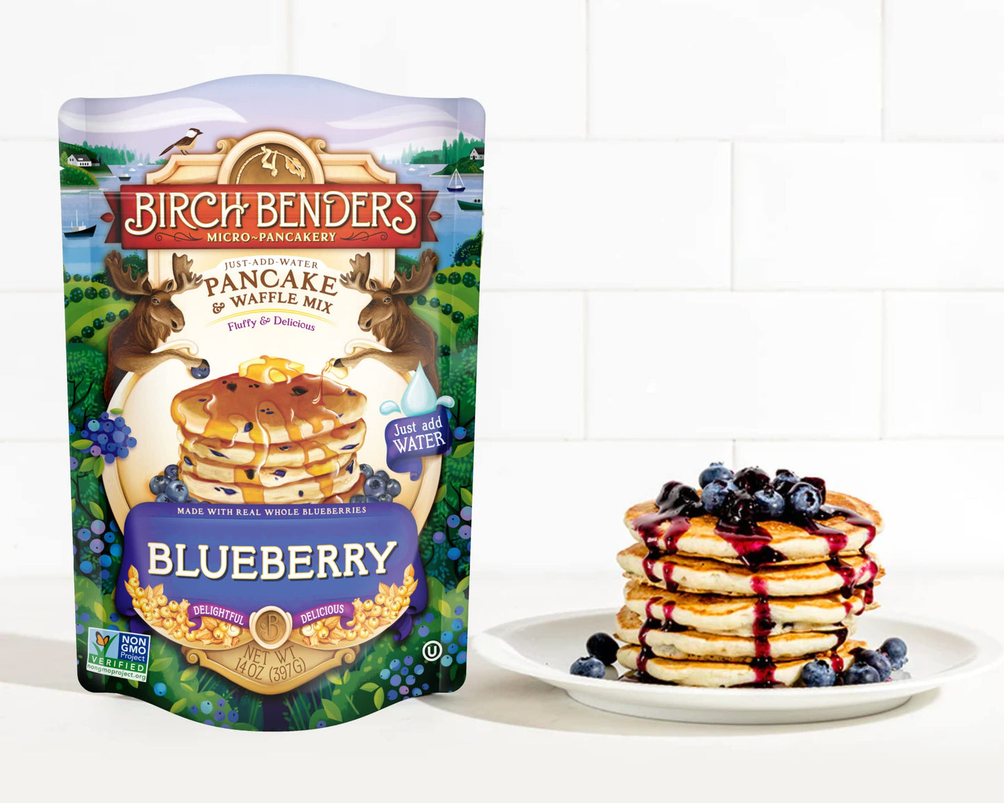 Blueberry Pancake & Waffle Mix By Birch Benders, Made With Real Blueberries, Just Add Water, Non-Gmo, Just Add Water, 14 Oz (Pack Of 3)