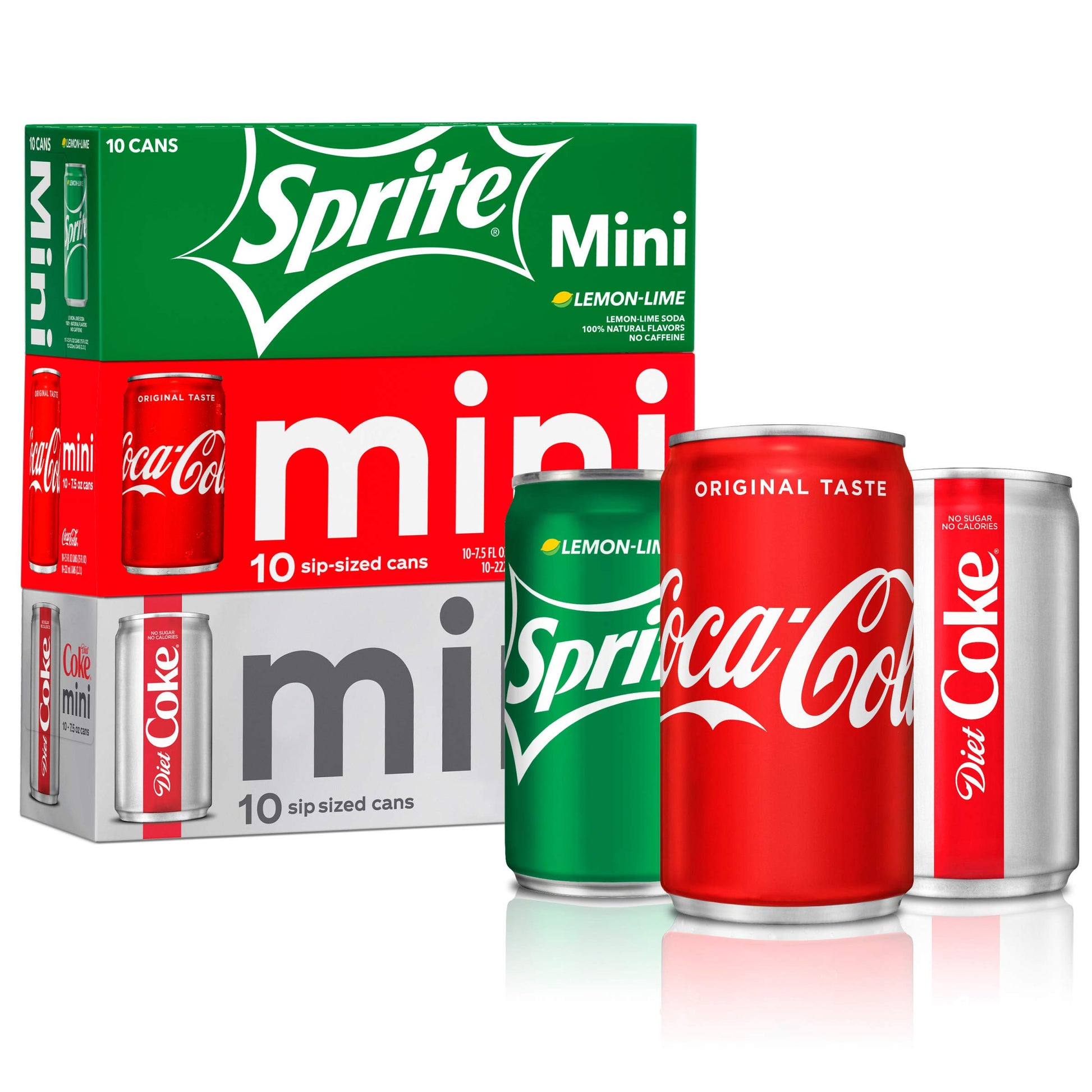 Coca-Cola Mini Can Variety Pack, 30 Cans (10 Each: Coke Classic, Diet Coke, Sprite), 7.5 Fl Oz, Red/White/Clear