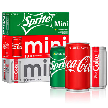 Coca-Cola Mini Can Variety Pack, 30 Cans (10 Each: Coke Classic, Diet Coke, Sprite), 7.5 Fl Oz, Red/White/Clear