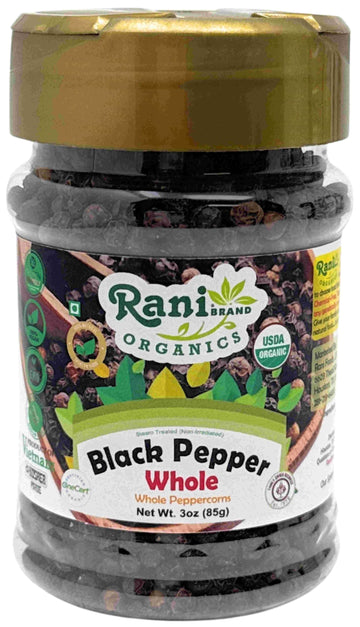 Rani Organic Black Pepper Whole (Peppercorns), Premium MG-1 Grade 3oz (85g) PET Jar ~ All Natural | Gluten Friendly | Non-GMO | 