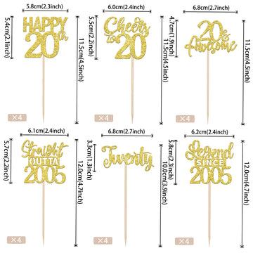24Pcs Gold Happy 20Th Birthday Cupcake Toppers Twenty Straight Outta 2005 Cupcake Picks Cheers To 20 Lengend Since 2005 Cake Dec