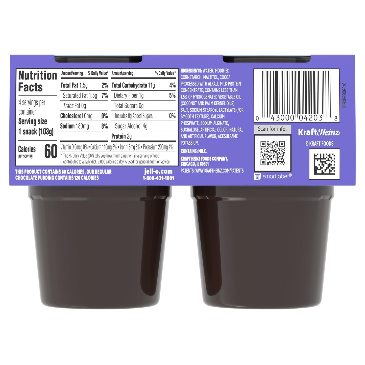 Jell-O Dark Chocolate Zero Sugar Ready-to-Eat Pudding Snack Cups, 4 ct Cups
