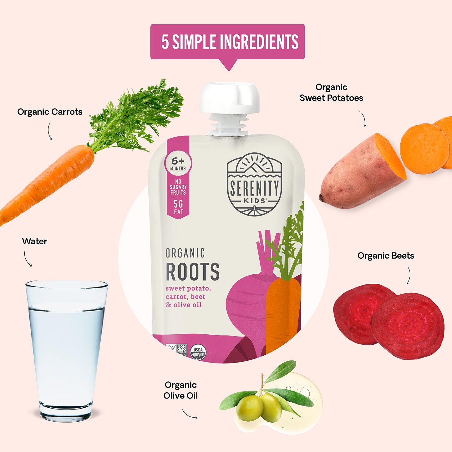 Serenity Kids 6+ Months Baby Food Pouches Usda Organic Veggie Puree - Bpa-Free - No Added Sugar Allergen-Free - Savory Sweet Potato & Carrot, Beet Baby Snacks - 3.5 Oz, 6 Pack