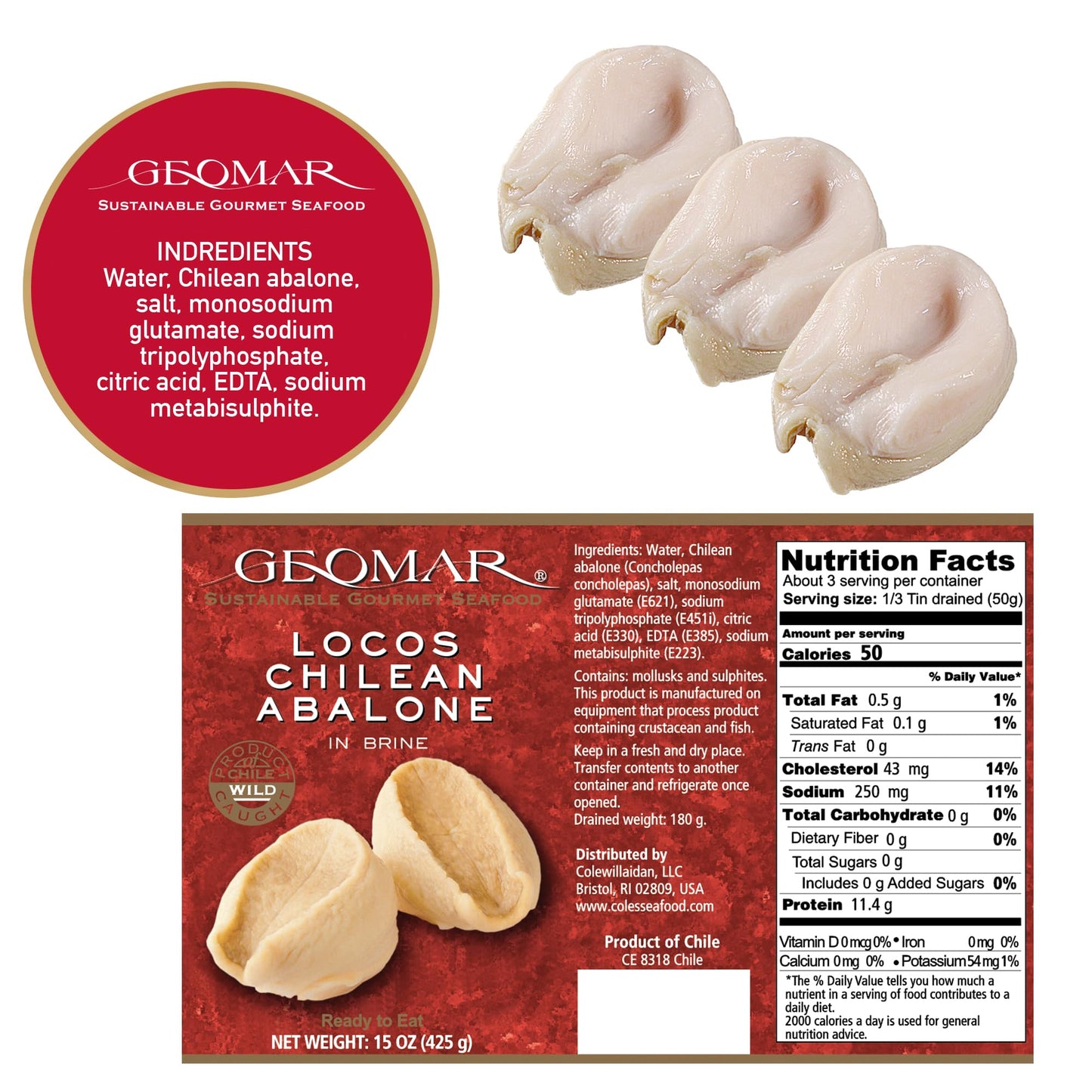 Geomar Locos (Chilean Abalone) in Brine - Ready-to-Eat Seafood - 6 Pack (15 oz)
