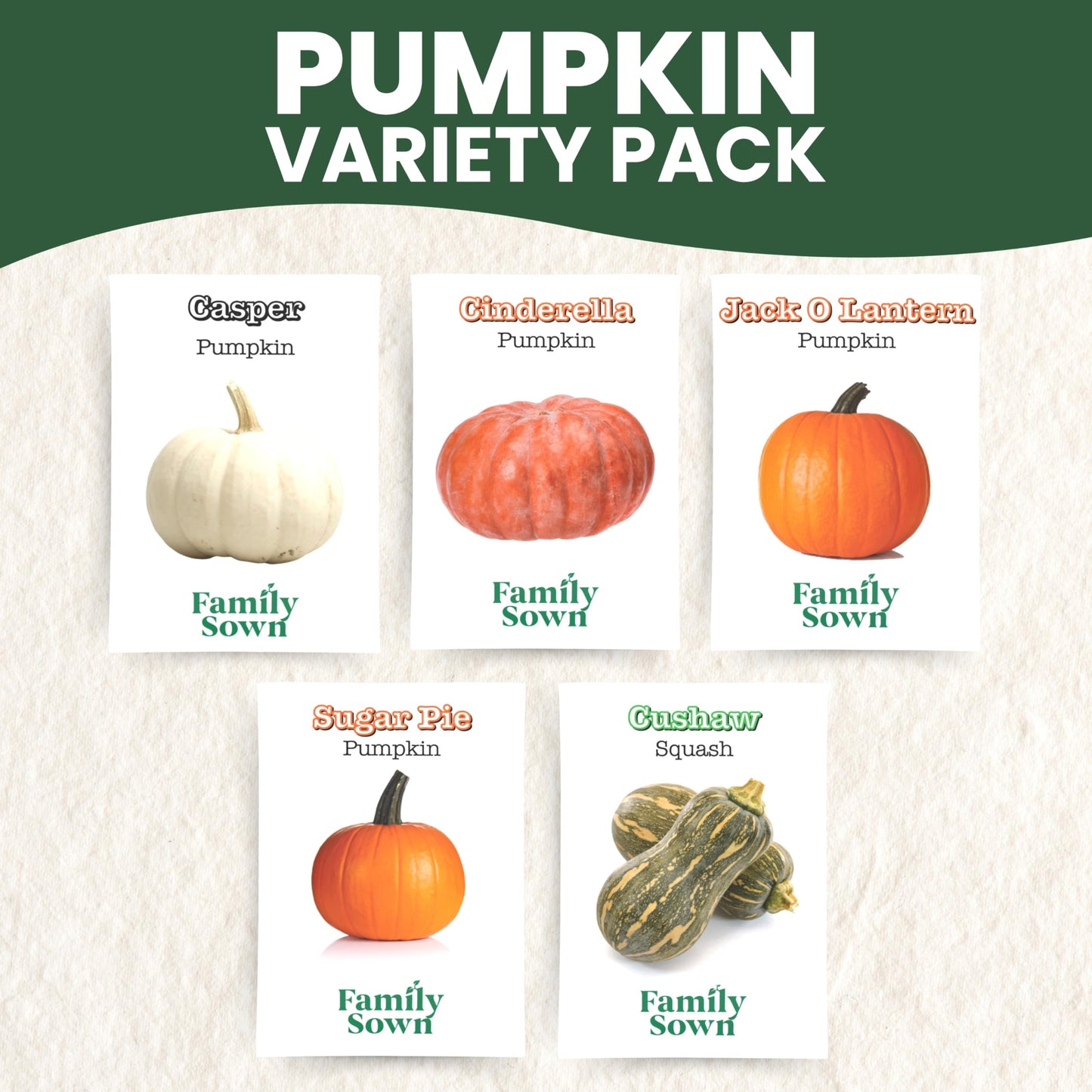 Pumpkin Seeds | 5 Invidiual Packs | 2025 Season | Non-Gmo | Jack O Lantern, Sugar Pie, Casper, Cinderella & Cushaw! | For Planti