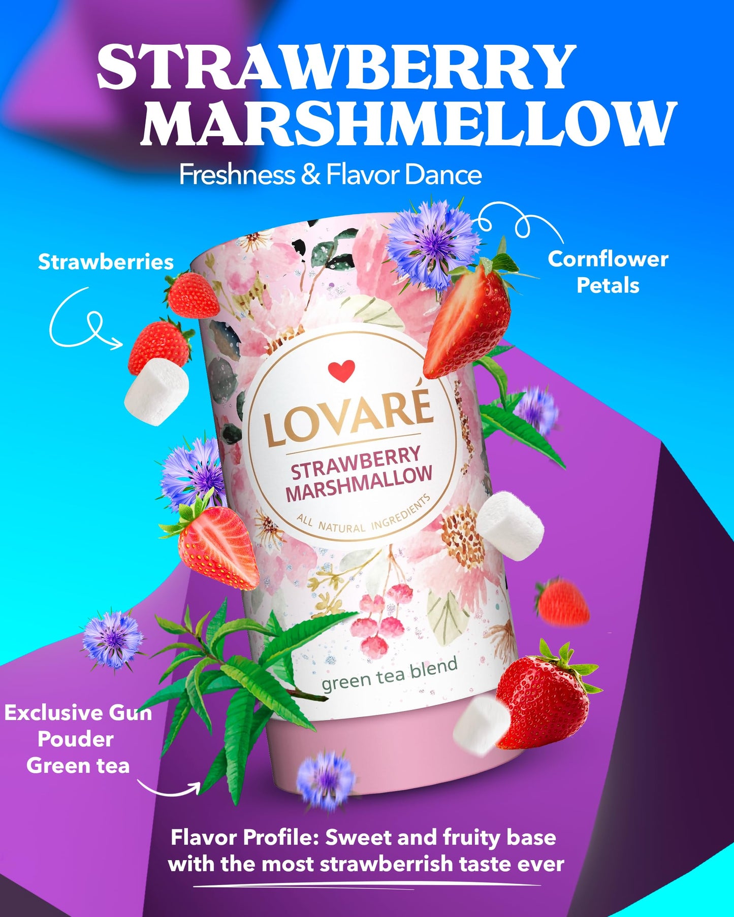 LOVARE Strawberry Marshmallow Loose Leaf Tea 80 g - Made in Ukraine - Green Tea, Strawberry, Cornflower Petals - Gift Box with 1
