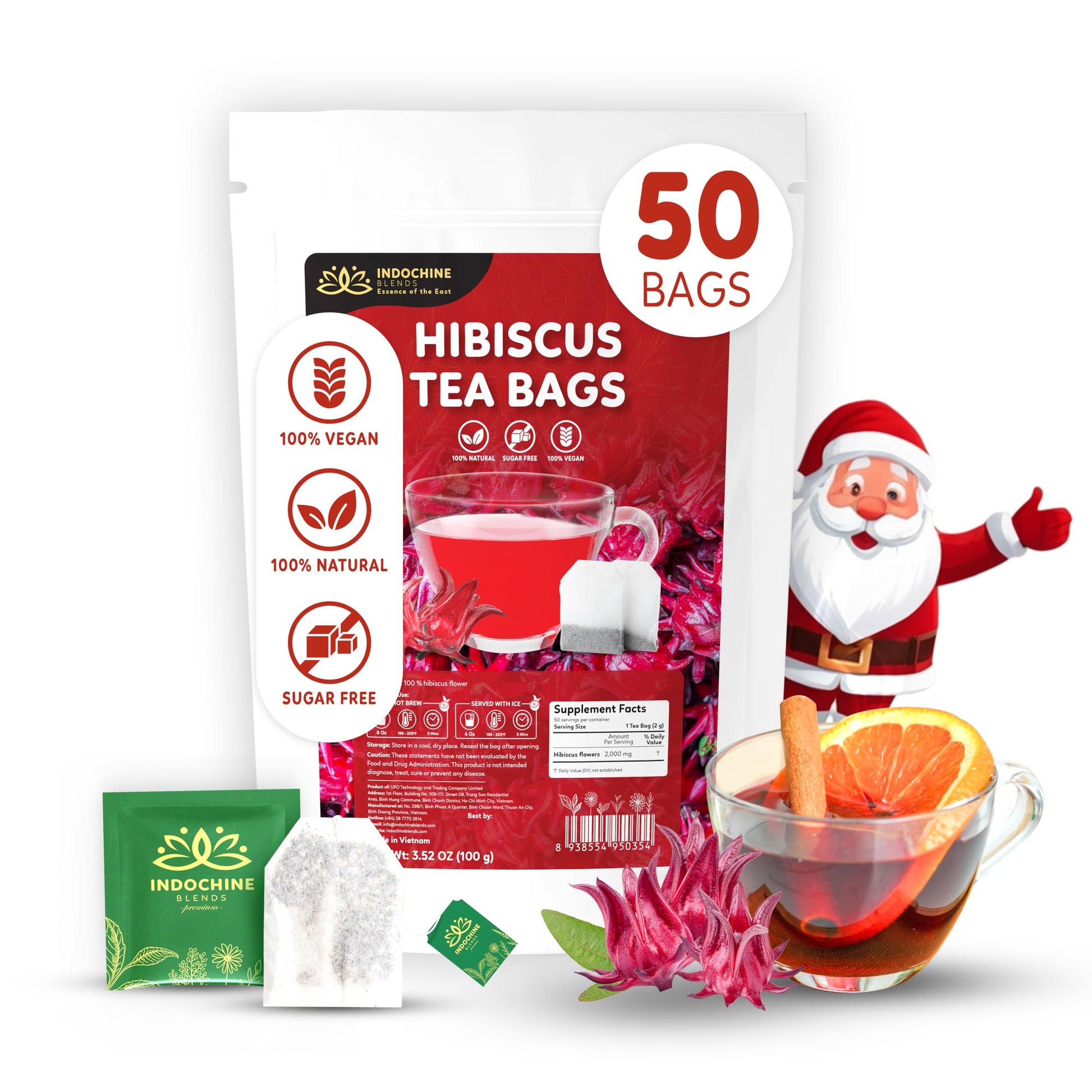 Indochine Blends Hibiscus Tea Bags | 100% Pure Hibiscus Flower | Sugar-Free  Energy Blend-Free Herbal Tea | Double Chamber  Individually Wrapped Bags| Rich In Natural Goodness And Flavor | 3.5 Oz | 50 Tea Bags
