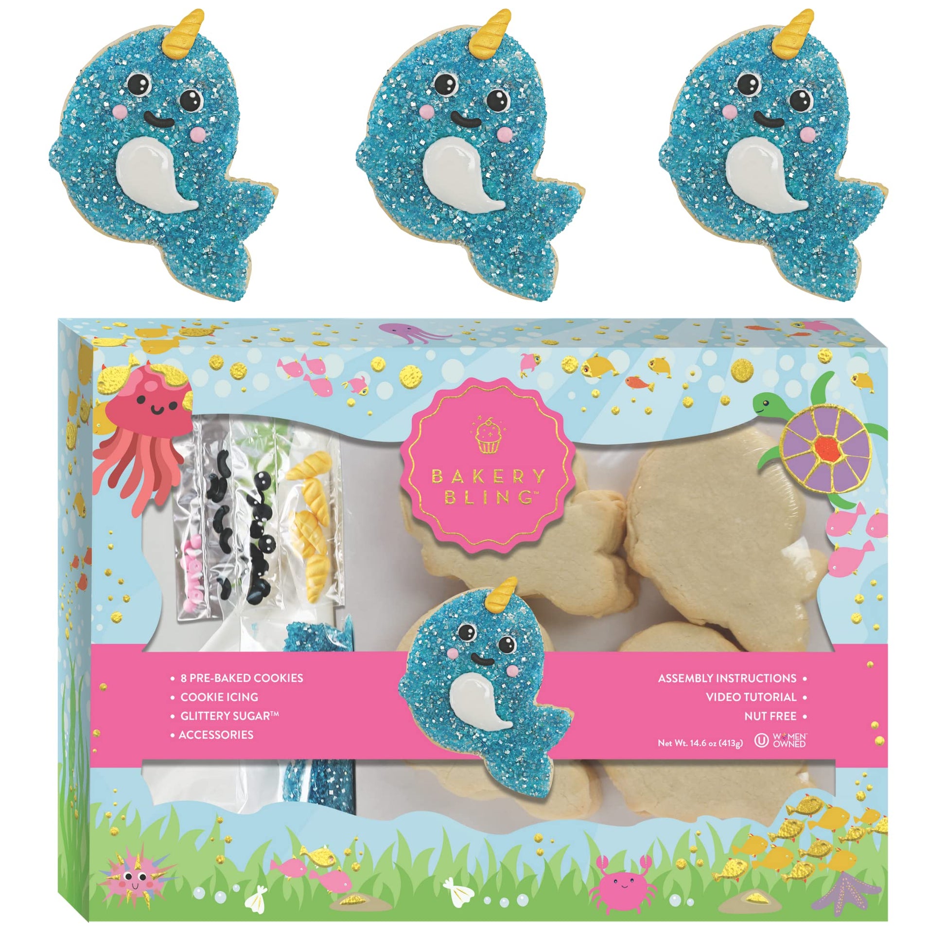 Narwhal Designer Cookie Kit - Decorate 8 Narwhal-Shaped Sugar Cookies with Edible Glitter & Accessories - Nut-Free, Dairy-Free, 