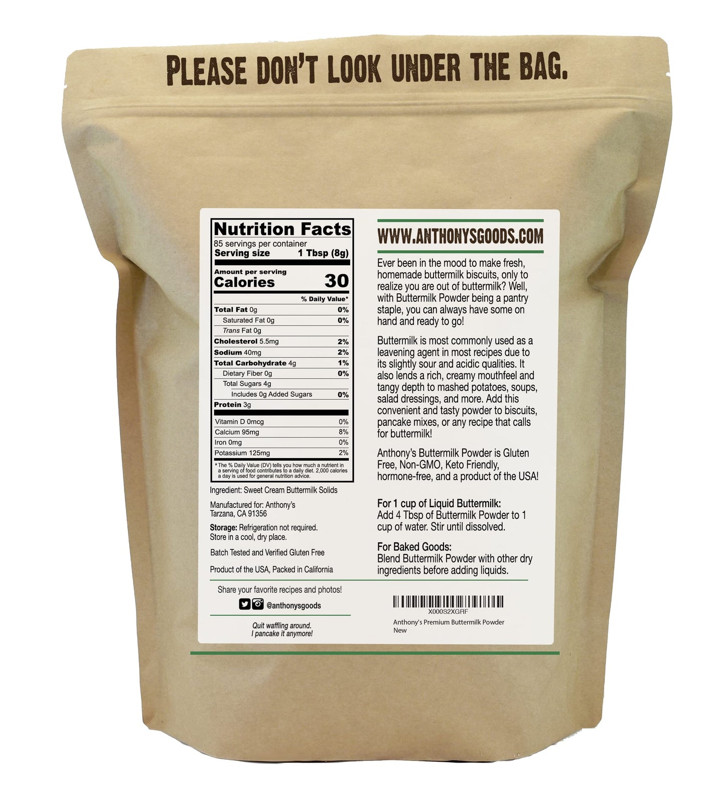 Anthonys Enhanced Buttermilk Powder, 1.5 Lb, Gluten Free, Non Gmo, Made In Usa, Keto Friendly,   Free
