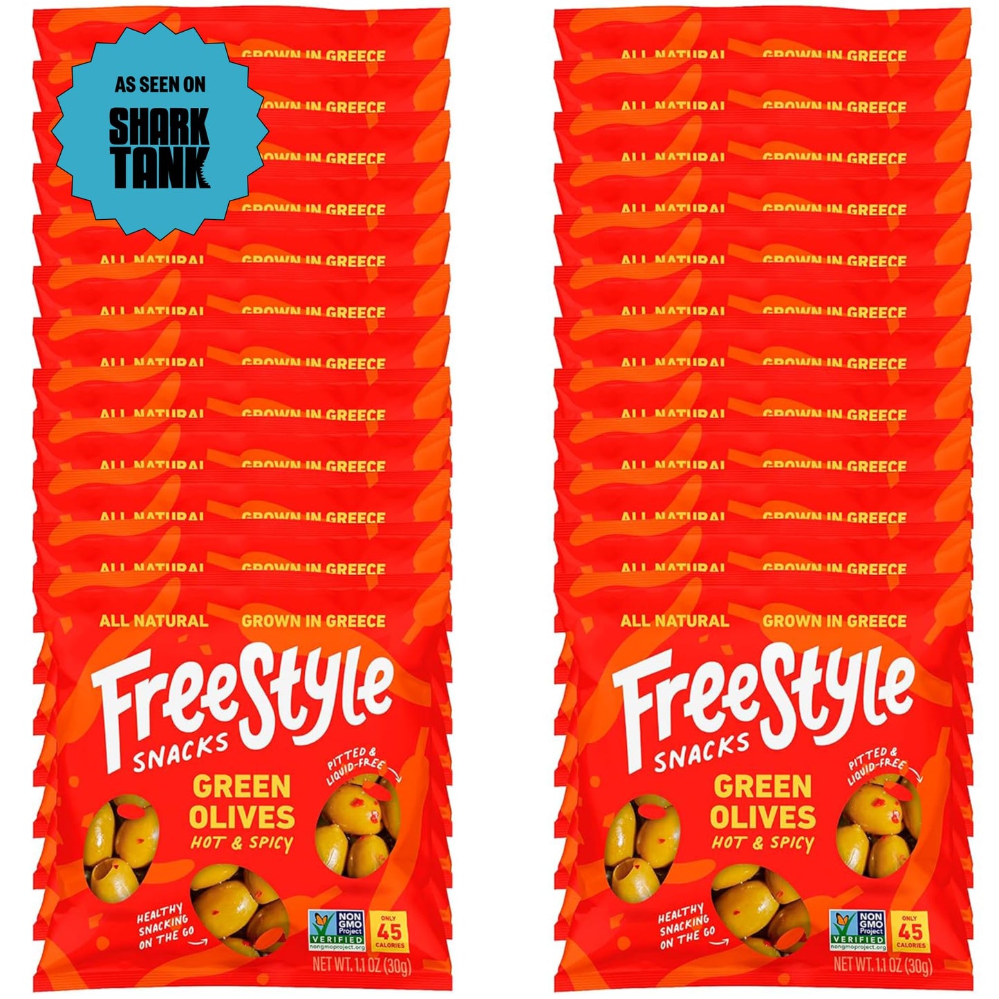 Freestyle Snacks Olive Snack Packs - As Seen On Shark Tank - Single Serve - Fresh Pitted Green Olives, Grown In Greece, All Natural, Non-Gmo, Sugar-Free, Salty Snack – Hot & Spicy, 1.1Oz (24 Pack)