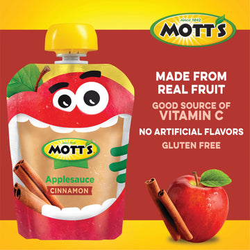 Mott'S Cinnamon Applesauce, 3.2 Oz Clear Pouches, 48 Count (4 Packs Of 12), No Artificial Flavors, Good Source Of Vitamin C, Nut